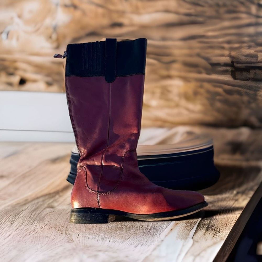 Isaac Mizrahi purple & black imarnie leather riding boots women’s size 7.5 wide